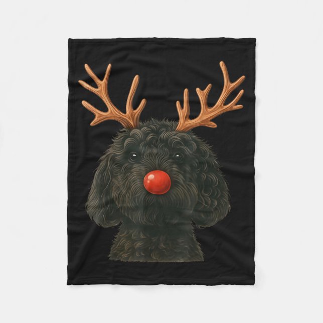 Black Goldendoodle Christmas Lights Santa Hat Blac Fleece Blanket (Front)