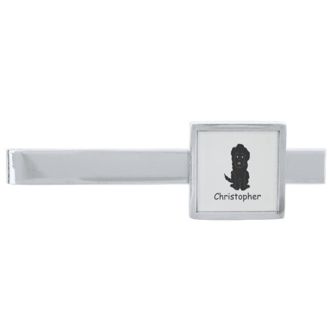 Black Goldendoodle Design Any Colour Background Silver Finish Tie Bar (Front)