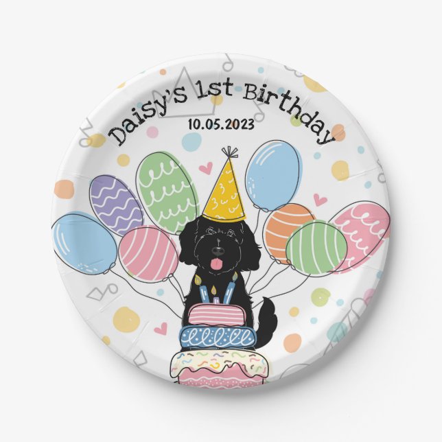 Black Goldendoodle Dog Birthday Party Paper Plates (Front)