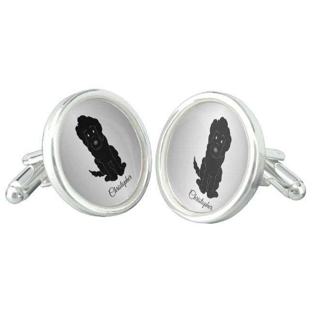 Black Goldendoodle Dog Design Cufflinks (Angled)