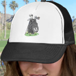 Black Golf Initial Monogram Trucker Hat<br><div class="desc">This black and white hat features a stylish black watercolor golf bag filled with clubs, sitting on a patch of green grass. The design includes a simple serif white initial monogram placed right on the bag, making it feel like a natural part of the artwork. The letter stands out against...</div>