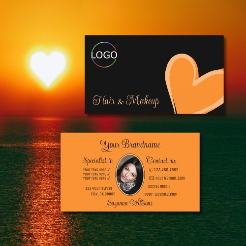 Black Gorgeous Orange Heart with Logo and Photo Business Card