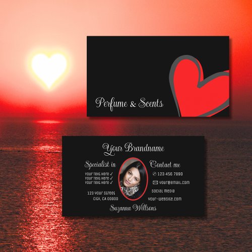 Black Gorgeous Red Heart Modern with Photo Cute Business Card