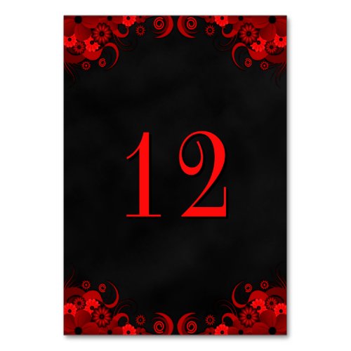 Black Goth Red Floral Reception Table Number Cards