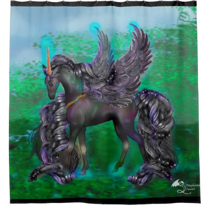 Black Goth Winged Unicorn in Forest Shower Curtain