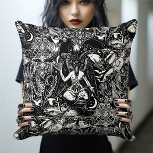 Black Gothic Baphomet Witchcraft Dark Occult Decor Throw Pillow