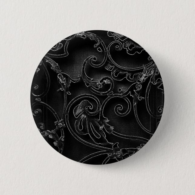 Black gothic baroque swirl pattern button (Front)