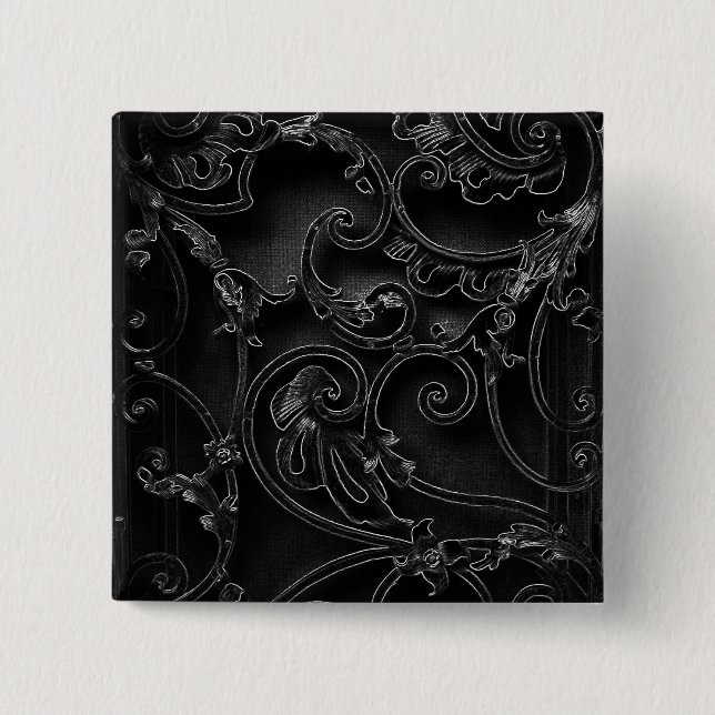 Black gothic baroque swirl pattern button (Front)