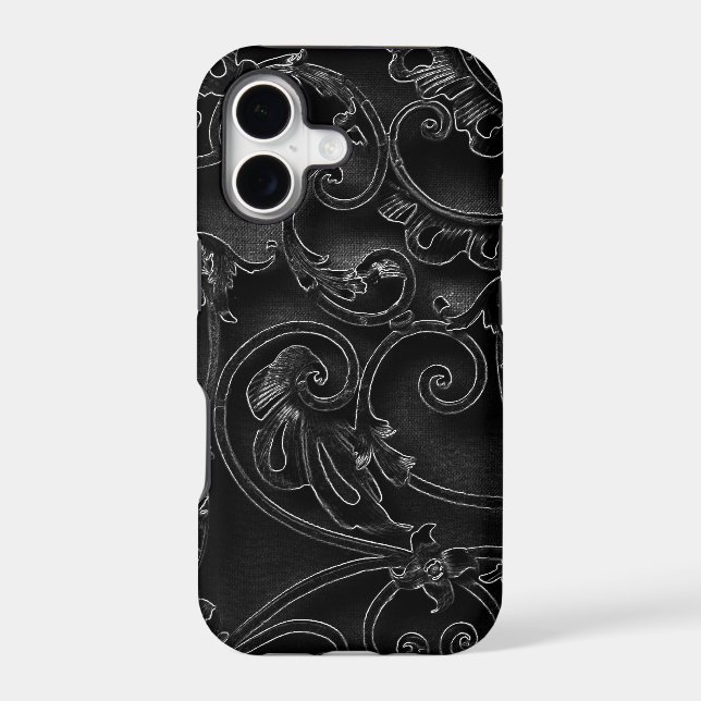Black gothic baroque swirl pattern iphone case (Back)