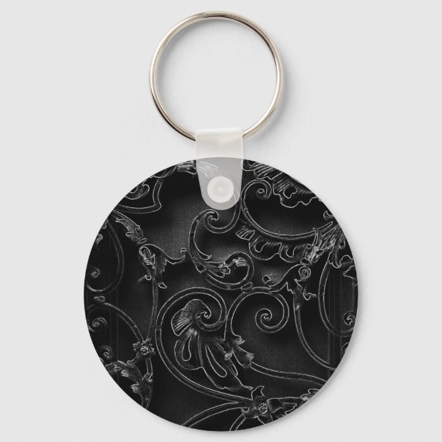 Black gothic baroque swirl pattern keychain (Front)