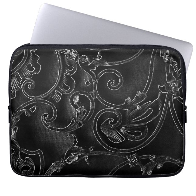 Black gothic baroque swirl pattern laptop sleeve (Front)