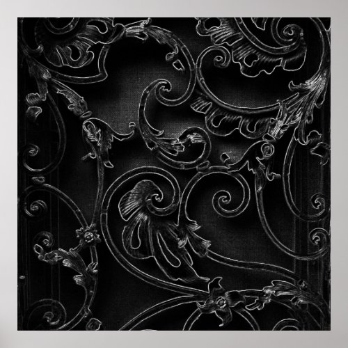 Black gothic baroque swirl pattern poster