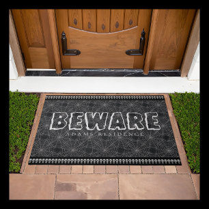 Black Gothic “Beware” Spiderweb with Skulls Doormat