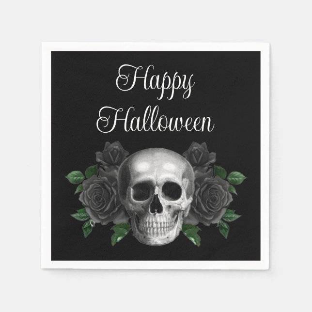 Black Gothic Black Floral Skull Halloween Napkins (Front)