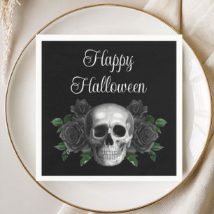 Black Gothic Black Floral Skull Halloween Napkins