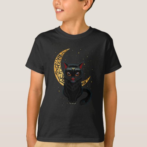 Black Gothic Cat Crescent Wicca Goth Kitten T_Shirt
