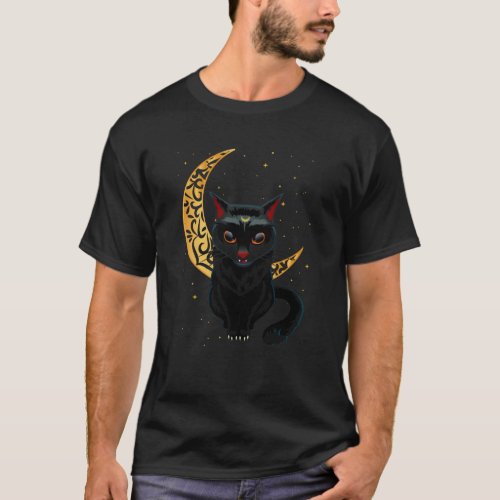 Black Gothic Cat Crescent Wicca Goth Kitten T_Shirt