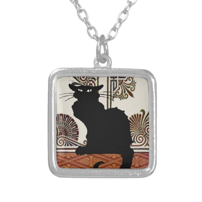 Black Gothic Cat Silver Plated Necklace (Front)