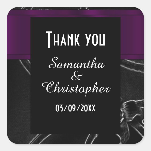 Black gothic damask thank you square sticker (Front)