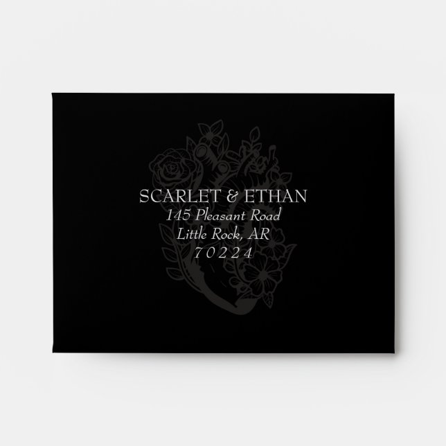 Black Gothic Floral Heart Wedding RSVP Envelope (Front)