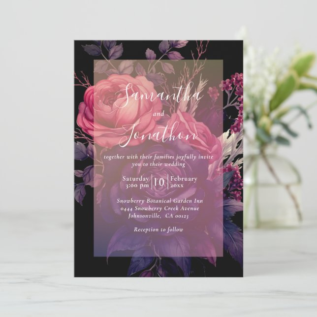 Black Gothic Floral Rose Overlay Wedding Invitation (Standing Front)
