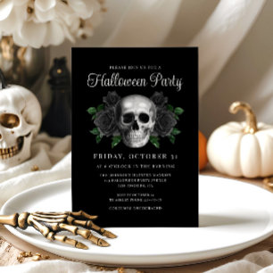 Black Gothic Floral Skull Halloween Invitation