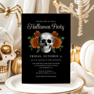 Black Gothic Floral Skull Halloween Invitation