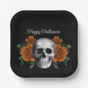 Black Gothic Floral Skull Halloween Paper Plates