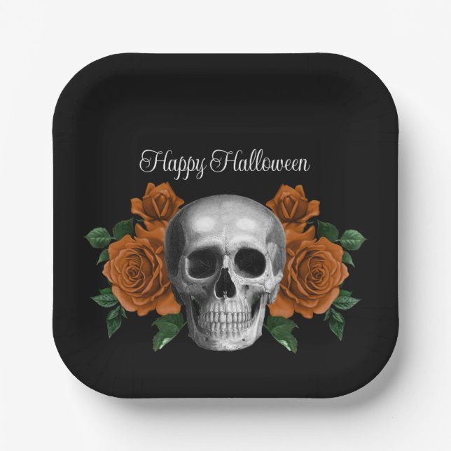 Black Gothic Floral Skull Halloween Paper Plates (Front)