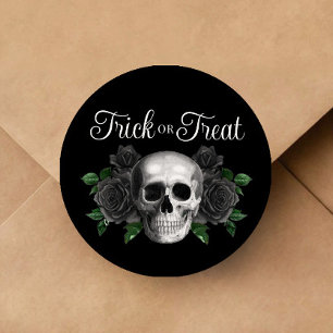 Black Gothic Floral Skull Trick Or Treat Halloween Classic Round Sticker