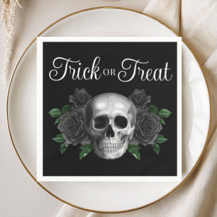Black Gothic Floral Skull Trick Or Treat Halloween Napkins