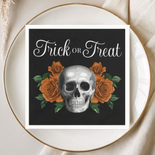 Black Gothic Floral Skull Trick Or Treat Halloween Napkins