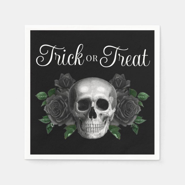 Black Gothic Floral Skull Trick Or Treat Halloween Napkins (Front)