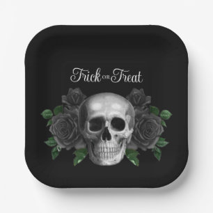 Black Gothic Floral Skull Trick Or Treat Halloween Paper Plates
