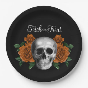 Black Gothic Floral Skull Trick Or Treat Halloween Paper Plates