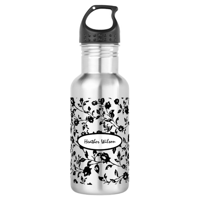 Black Gothic Floral Water Bottle with Name (Front)