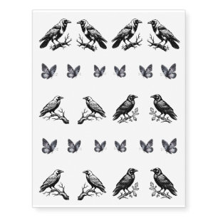 Black Gothic Grunge Raven & Butterflies Temporary Tattoos