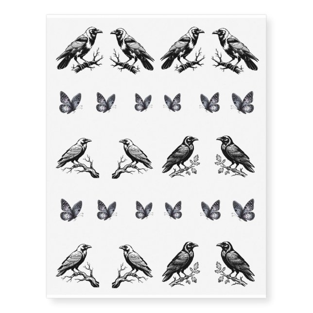 Black Gothic Grunge Raven & Butterflies Temporary Tattoos (Front)