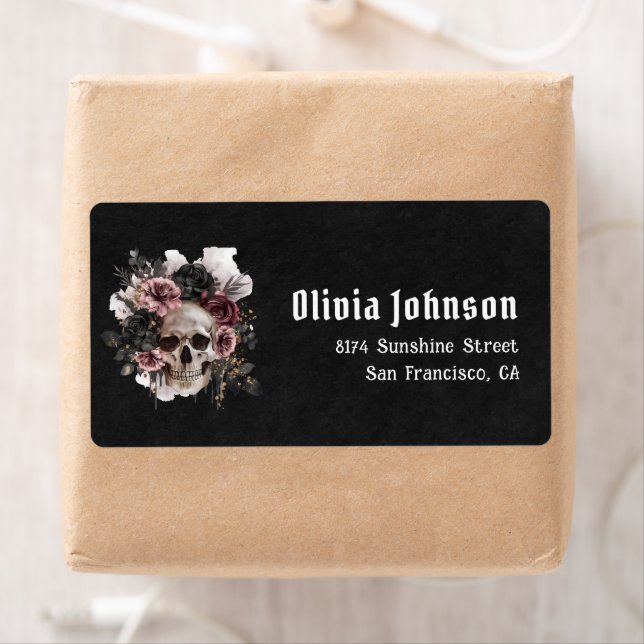 Black Gothic Halloween Floral Skull Bridal Shower Label (Insitu)
