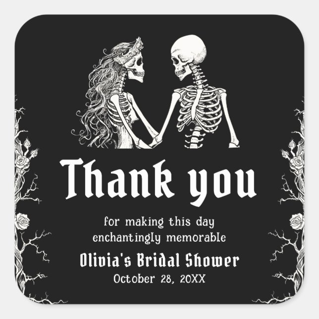 Black Gothic Halloween Skeleton Bridal Shower Square Sticker (Front)