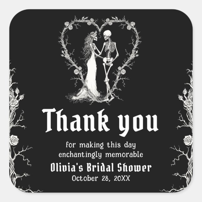 Black Gothic Halloween Skeleton Bridal Shower Square Sticker (Front)