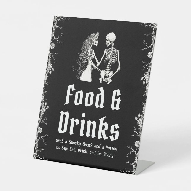 Black Gothic Halloween Skeleton Food & Drinks Sign (Front)