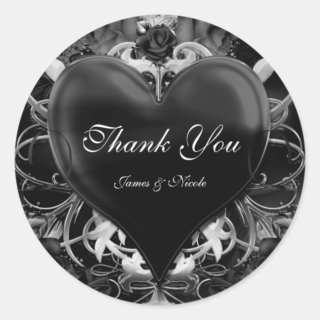 Black Gothic Love Heart Wedding Favor Classic Round Sticker (Front)