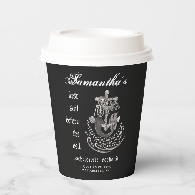 Black Gothic Mermaid Last Sail Bachelorette Party Paper Cups (Front)