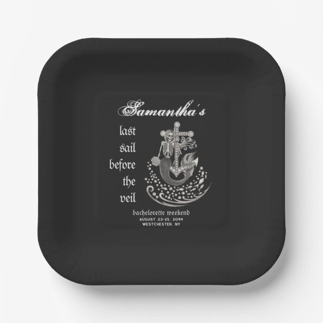 Black Gothic Mermaid Last Sail Bachelorette Party Paper Plates (Front)