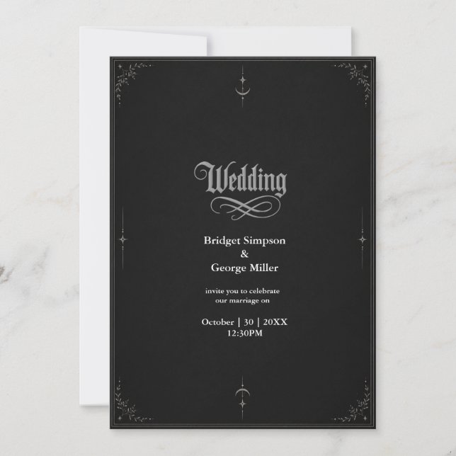 black Gothic Minimalist Moon Star Wedding  Invitation (Front)