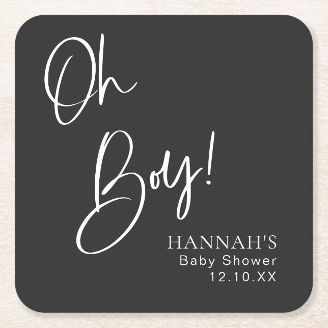 Black Gothic & Moody Oh Boy Baby Shower  Square Paper Coaster (Front)