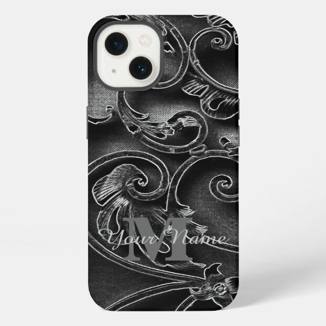 Black gothic pattern personalized monogram iphone case (Back)