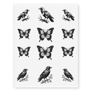 Black Gothic Raven & Butterflies Temporary Tattoos