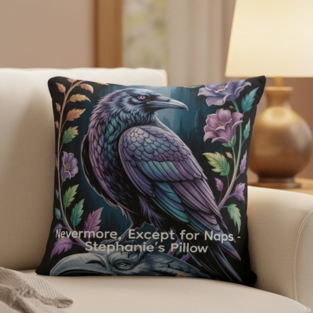 Black Gothic Raven with Floral Humor Throw Pillow (Personalized funny black gothic raven pillow
)